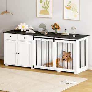 Modern Large Wooden Dog Kennel Furniture Storage Cabinet, Pet Dog Cage with 2 Drawers and Sliding Door for Dogs, White