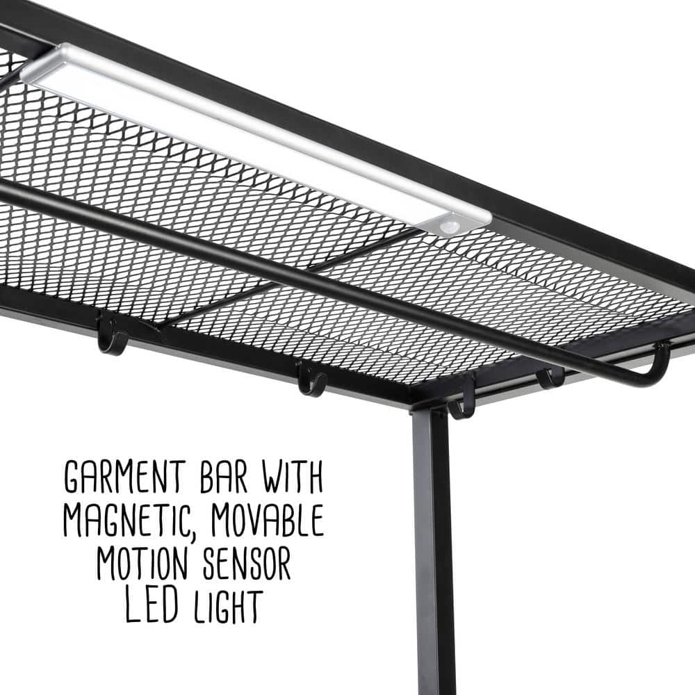 Black Steel 3-Shelf Storage Rack with Hanging Bar and Hooks