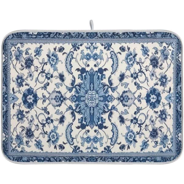 18 in.L  x 24 in.W Dish Polyester Drying Mat Absorbent Blue White Pattern Kitchen Counter Sink Protects Surfaces 1 Piece