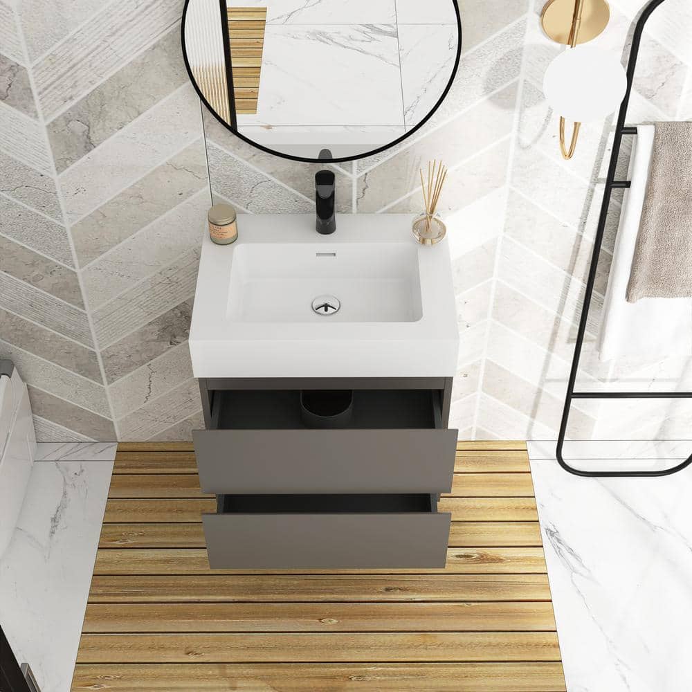 24" Grey Wall-Mounted Bathroom Vanity with White Cultured Marble Sink
