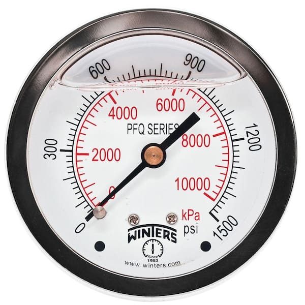 Winters Instruments PFQ Series 2.5 in. Stainless Steel Liquid Filled Case Pressure Gauge with 1/4 in. NPT CBM and Range of 0-1500 psi/kPa