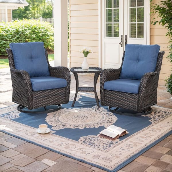 5-Piece Brown Wicker Patio Conversation Set with Blue Cushions and Swivel Glider Chairs/Ottomans/Side Table