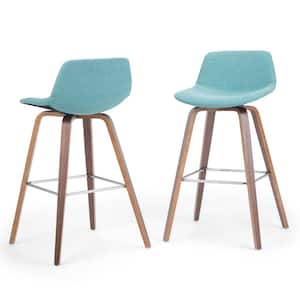 Randolph Mid Century Modern 26 in. Bentwood Counter Height Stool (Set of 2) in Aqua Blue Linen Look Fabric