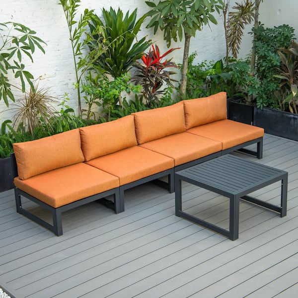 Leisuremod Chelsea Black 5-Piece Aluminum Patio Conversation Set with Orange Cushions