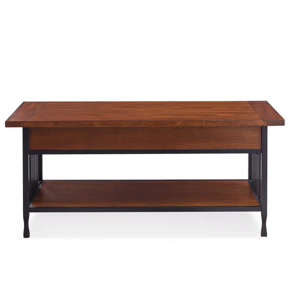 Mission Oak and Black Rectangular Wood Coffee Table with Storage