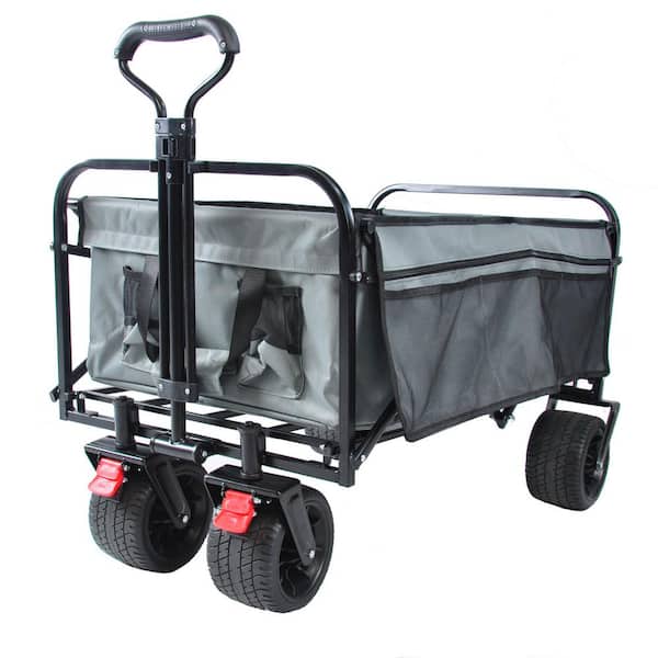 Tunearary 3.2 cu. ft. Gray Metal Folding Garden Cart with 2 mesh Cup Holders Adjustable Handle and Side Pockets