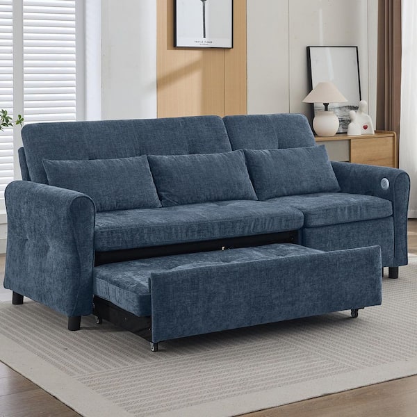 82 in. Flared Arms Chenille 2-in-1 Straight 3-seater Reversible Reclining Sofa in Blue