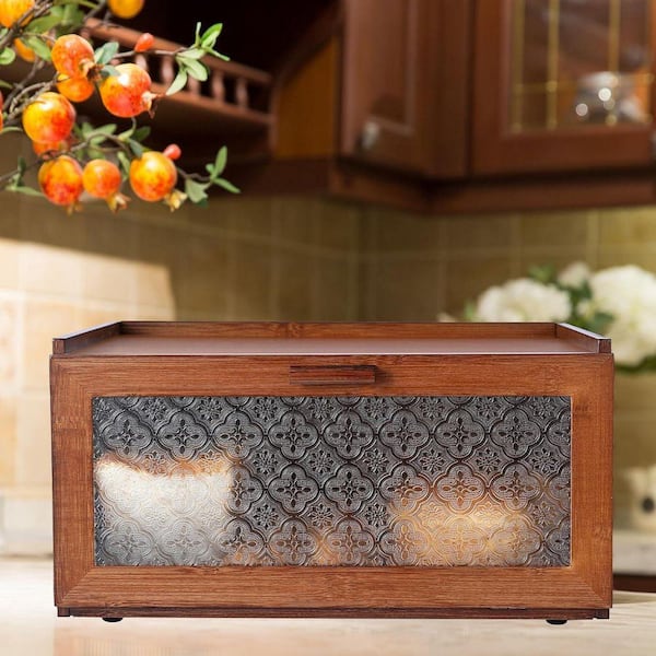 1 Piece Retro Brown Bamboo Bread Storage Box with Transparent Door Air Circulation Kitchen Countertop Set