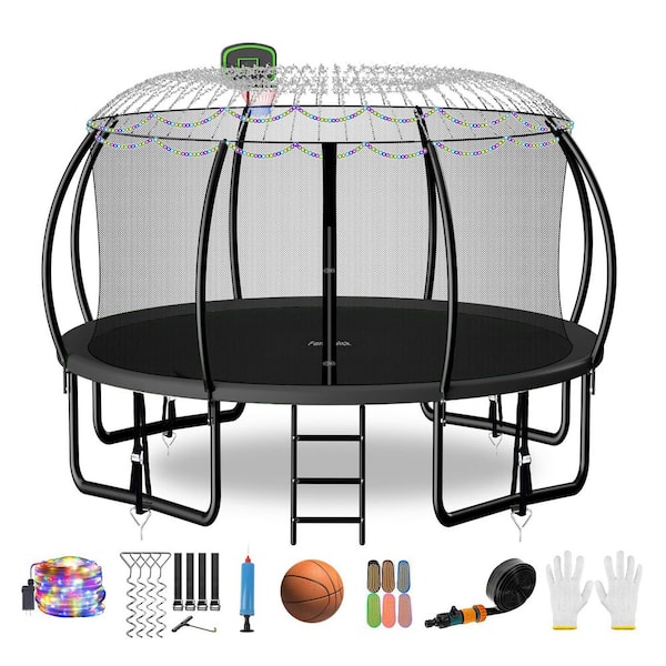 14ft. Round Backyard Trampoline With Basketball Hoop, Safety Enclosure, Sprinkler, Lights, Socks and Wind Stakes