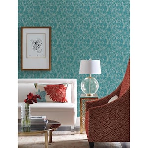 Teal and Green Feathers Vinyl Paper Unpasted Matte Wallpaper (21 in. x 33 ft.)