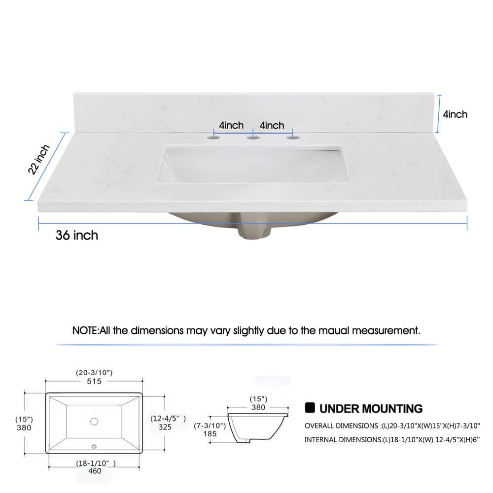 36" White Engineered Stone Vanity Top with Rectangular Sink