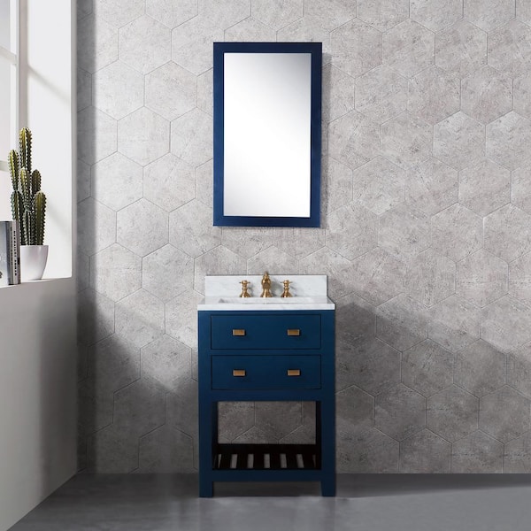 Water Creation Madalyn 24 in. W Bath Vanity in Monarch Blue with Marble Vanity Top in Carrara White with White Basin(s) and Mirror