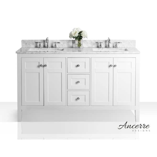 Ancerre Designs Maili 60 in. W x 22 in. D Vanity in White with Marble Vanity Top in Carrara White with White Basins