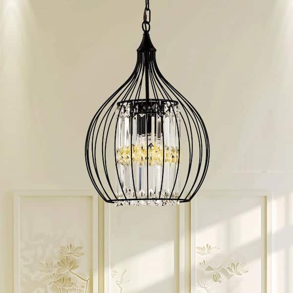 3-Light Black Single Globe Pendant Light with Crystal Shade for Kitchens, Living rooms, Metal Fixture Chandelier