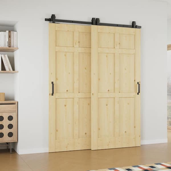 64 in. x 80 in. (Double 36 in.) 6-Panel Unfinished Solid Core Pine Wood Sliding Barn Door with Hardware Kit Bypass
