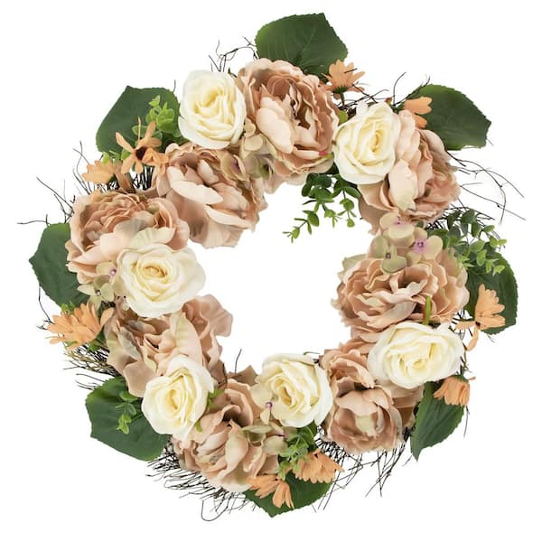 Northlight 22 in. Peach and White Floral Fall Harvest Artificial Wreath