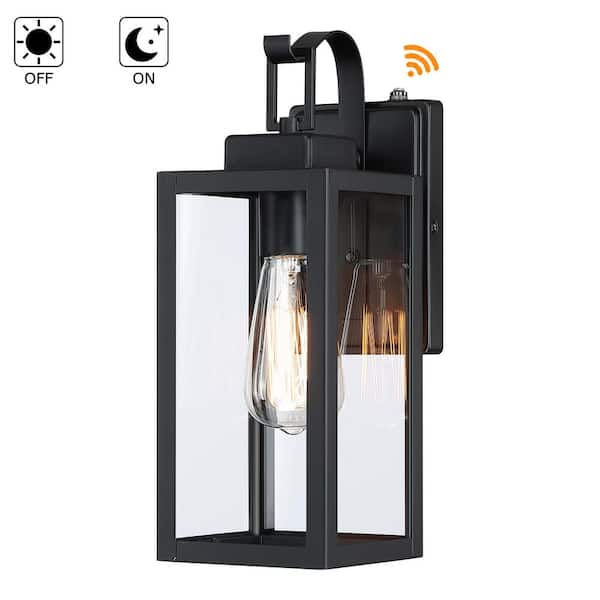 Hukoro Foothill 13.78 in 1-Light Matte Black Outdoor Wall Lantern Sconce with Clear Glass with Dusk to Dawn