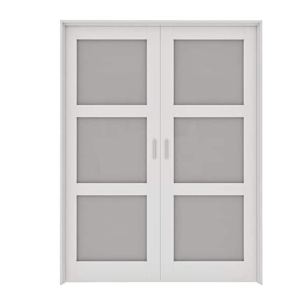 60 in. x 80 in. Universal Handed 3-Lite Frosted Glass White Solid Core MDF Prehung French Door with Quick Assemble Jamb