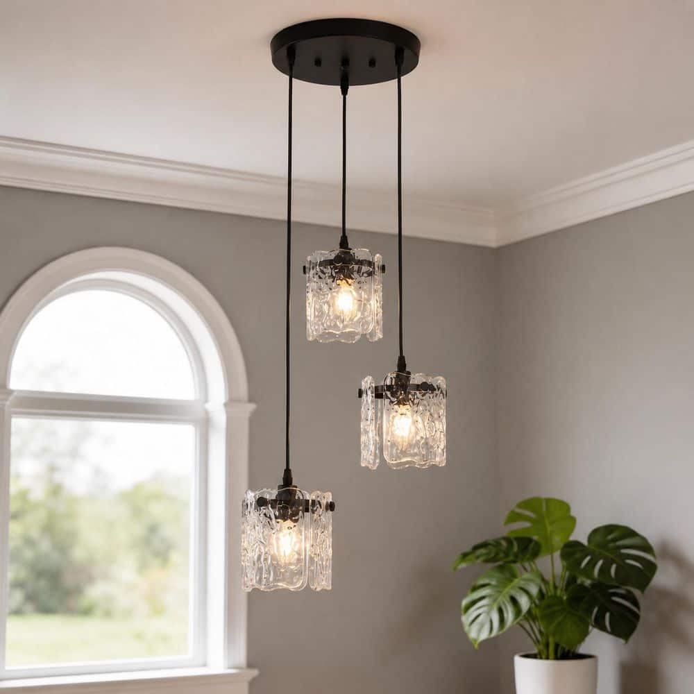 YANSUN 3-Light Cluster Black Glass Pendant Lights, Water Ripple Round ...