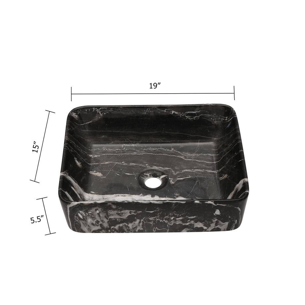 19" x 15" Black and Gray Marble Pattern Ceramic Rectangular Vessel Sink
