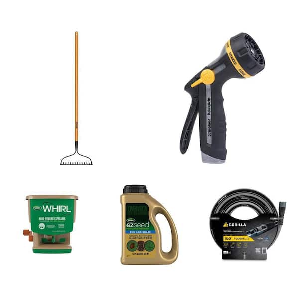 EZ Seed Patch, Bow Rake, 8-Pattern Nozzle, 5/8 in. x 100 ft. Hose and Hand-Powered Spreader Combo