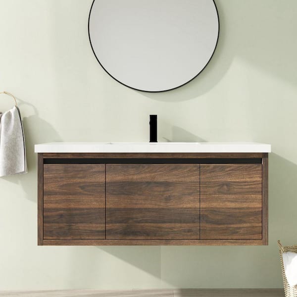 48 in. Wall-Mounted Single Brown Bath Vanity with White Resin Vanity Top Assembled