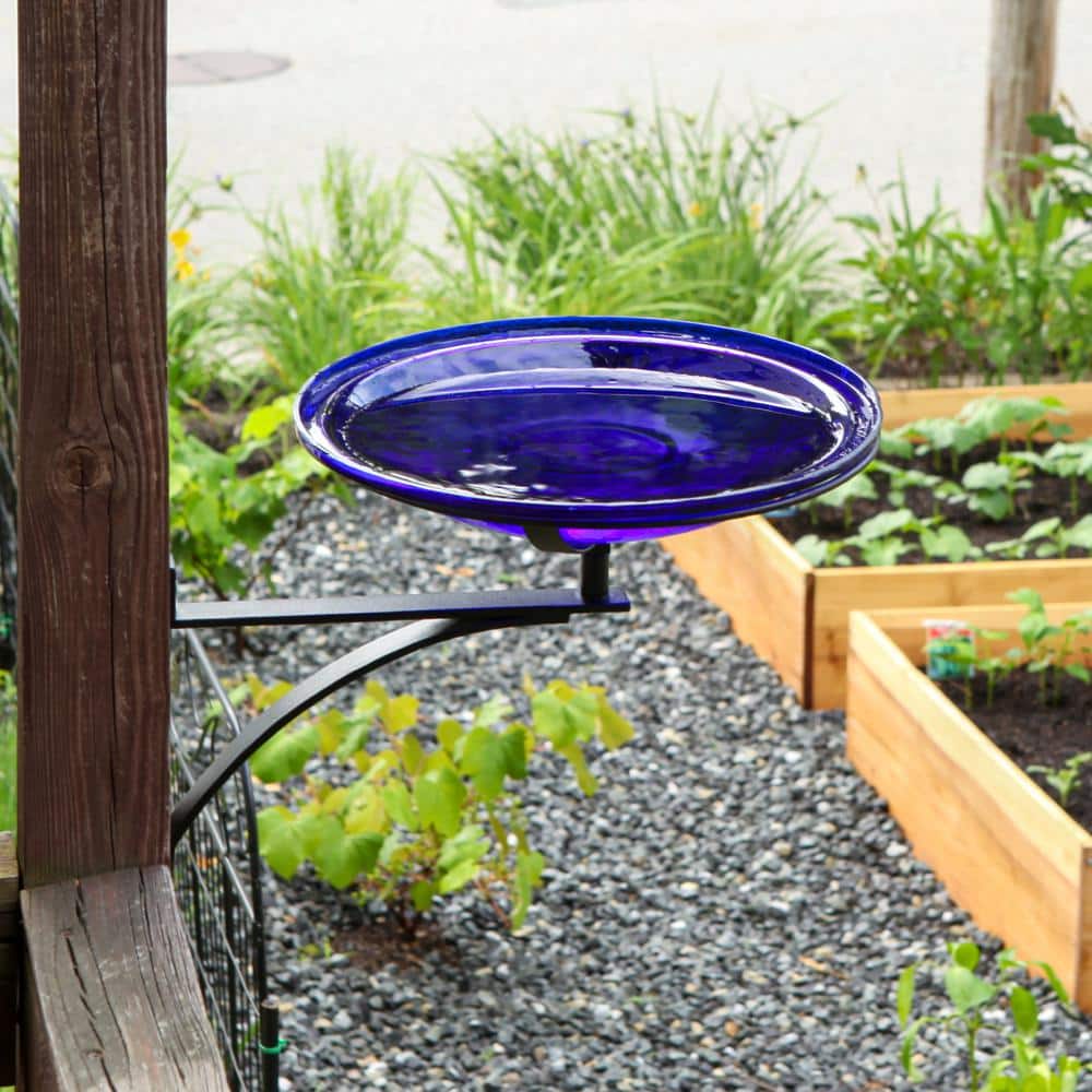 Cobalt Blue Crackle Glass Birdbath with Wrought Iron Wall Bracket
