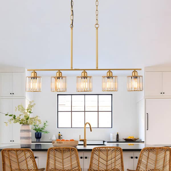 TinHon Modern 5-Light Gold Linear Island Chandelier with Crystal