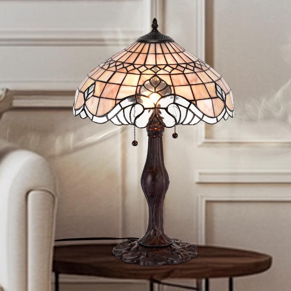 Pearl White Stained Glass and Bronze Table Lamp Set