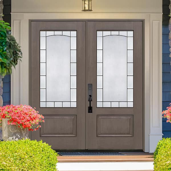 Regency 72 in. x 80 in. 3/4L Empire Decorative Glass RHIS Ashwood Fiberglass Double Prehung Front Door with 4-9/16 Jamb