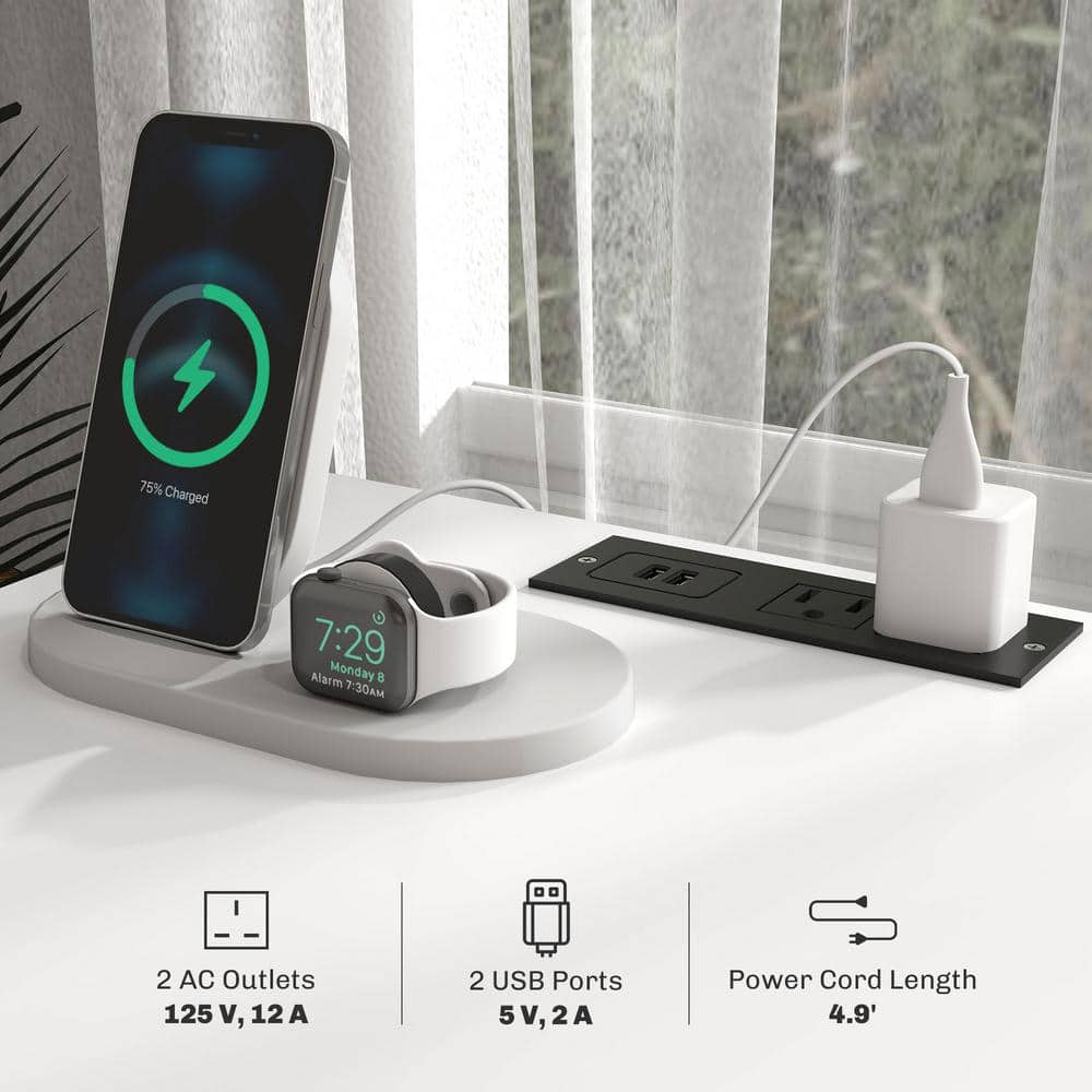 White Particleboard End Tables with Charging Stations and LED Lights