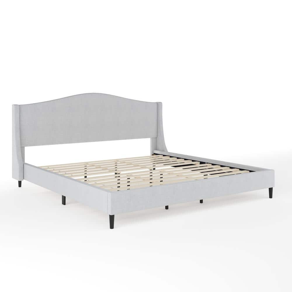 King Gray Linen Upholstered Platform Bed with Curved Headboard