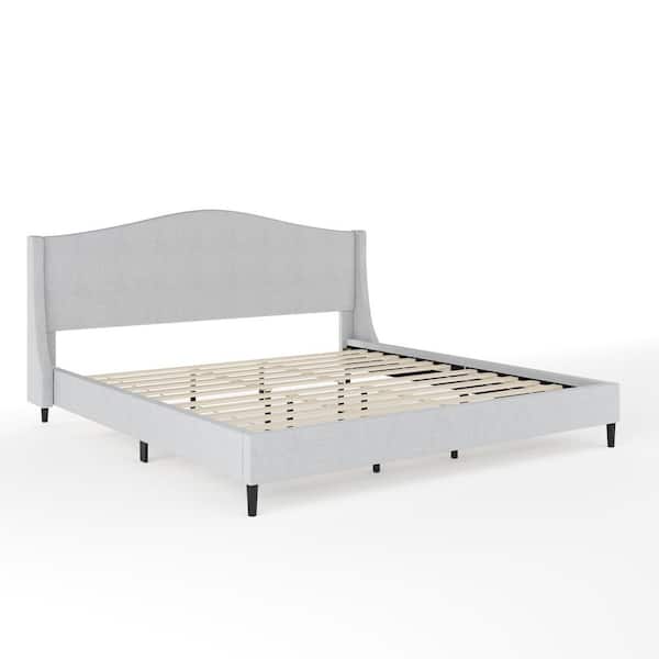 MARTHA STEWART Amelia Gray Wood Frame King Platform Bed with Upholstered Solid Wood