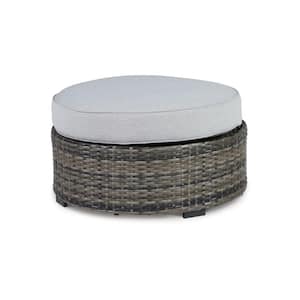 Saki Brown and Black Wicker Outdoor Ottoman with Light Gray Fabric CushionGuard Solid