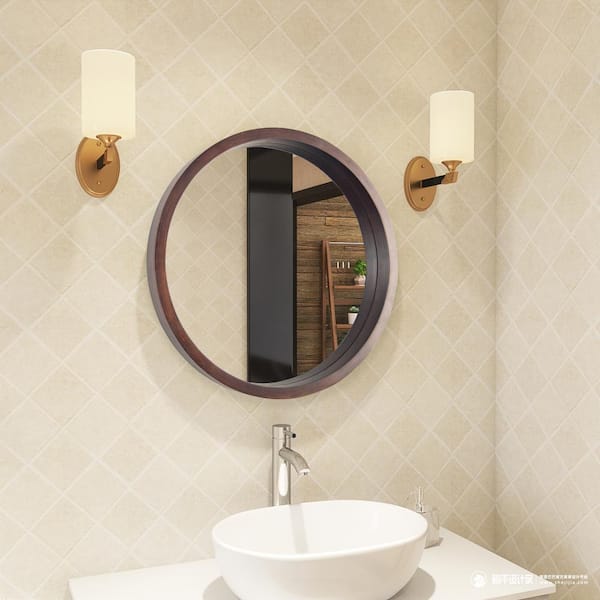 FORCLOVER 30 in. W x 30 in. H Brown Round Framed Large Wall-mounted Bathroom Vanity Mirror in Brown