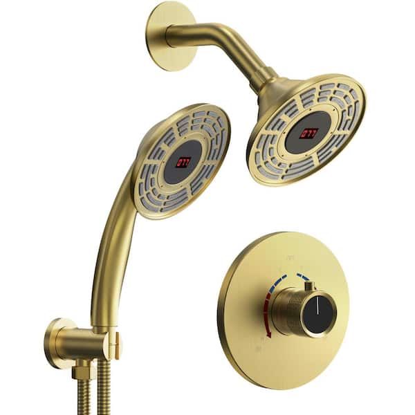 GRANDJOY Smart Temp Grain 2-Spray Dual Wall Mount 5 in. Fixed and Handheld Shower Head 1.8 GPM in Brushed Gold Valve Included