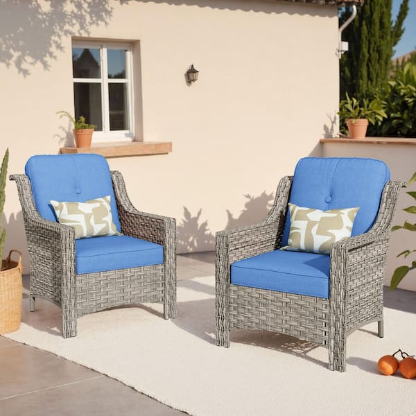 Eureka Gray Modern Wicker Outdoor Lounge Chair Seating Set with Blue Cushions (2-Pack)