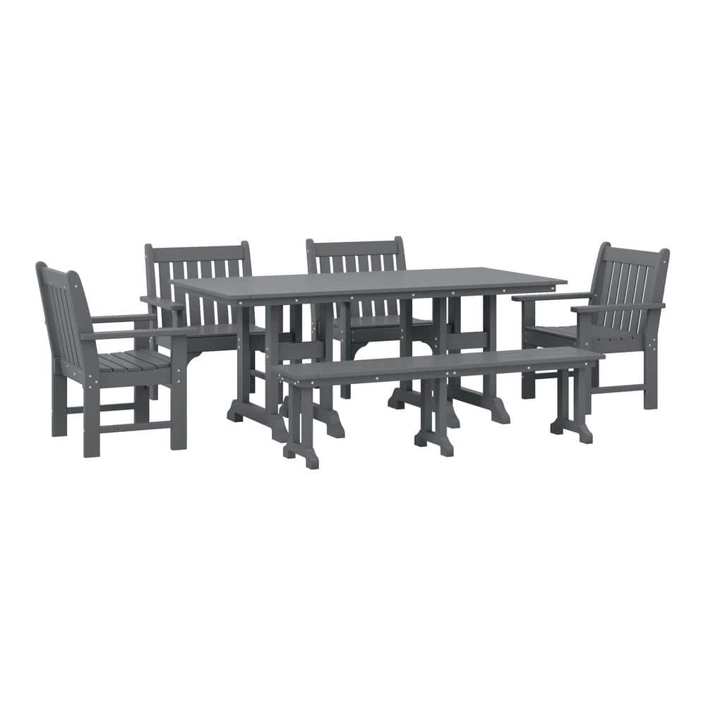 Laguna 6-Piece Poly Plastic Outdoor Patio Rectangle Trestle Table Dining Set w/ Bench and Garden Armchairs in Gray price history on PriceWatchPro