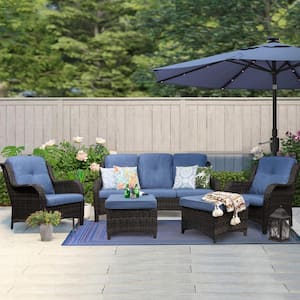 5-Piece Wicker Outdoor Patio Seating Conversation Set Sectional Sofa with Blue Cushions