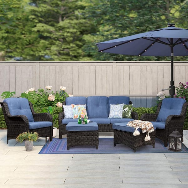 JOYSIDE 5-Piece Wicker Outdoor Patio Seating Conversation Set Sectional Sofa with Blue Cushions