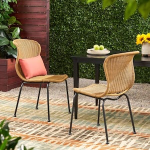 2-Piece Light Brown Faux Rattan Wicker Outdoor Dining Chairs