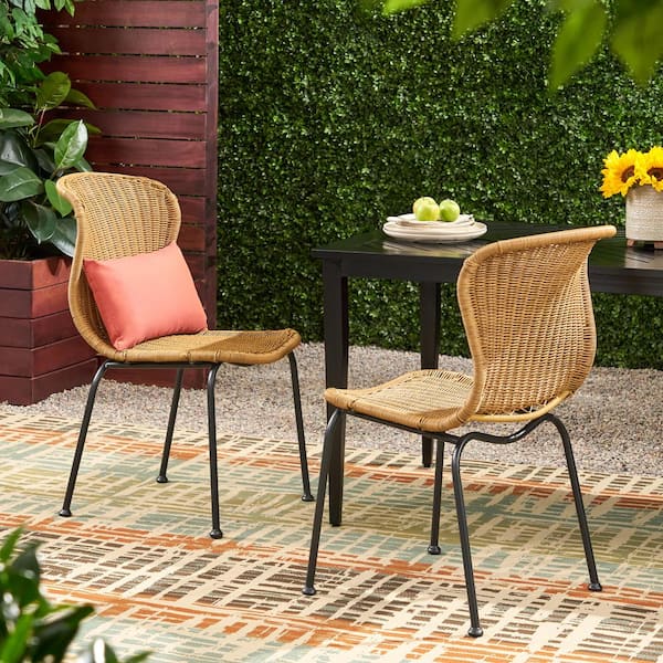 Zeus & Ruta 2-Piece Light Brown Faux Rattan Wicker Outdoor Dining Chairs