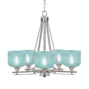 Ontario 23.25 in. 5-Light Aged Silver Geometric Chandelier for Dinning Room with Turquoise Shades No Bulbs Included