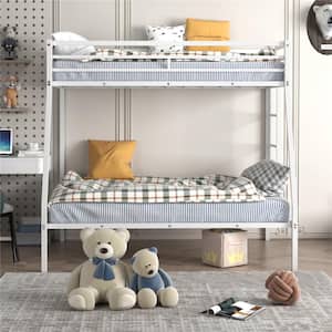 White Twin Over Full Metal Bunk Bed Frame With Ladder Space-Saving Design