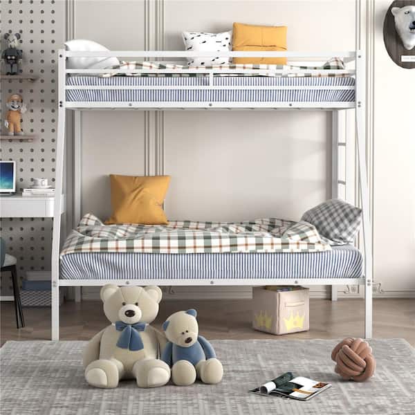 White Twin Over Full Metal Bunk Bed Frame With Ladder Space-Saving Design