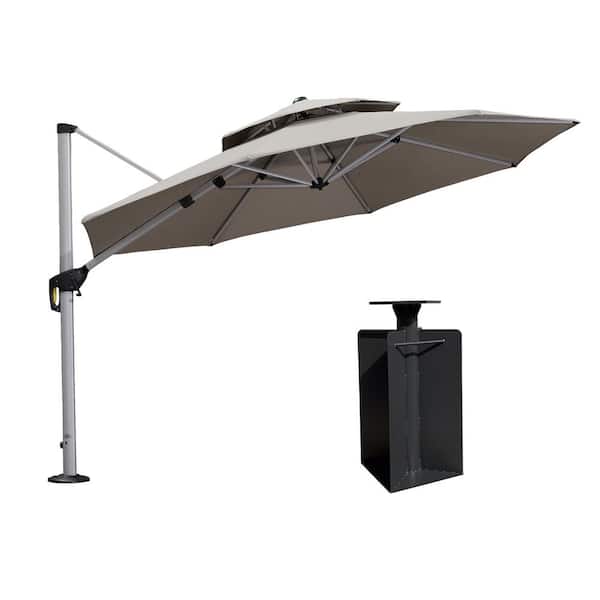 PURPLE LEAF 11 ft. Sunbrella Aluminum Octagon 360° Rotation Silvery Cantilever Outdoor Patio Umbrella With Base in Ground, Gray