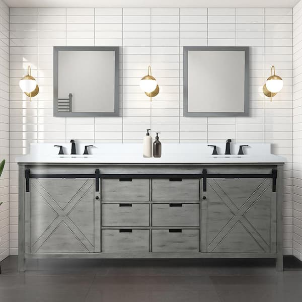 Lexora Marsyas 84 in W x 22 in D Ash Grey Double Bath Vanity without Top and 34 in Mirrors
