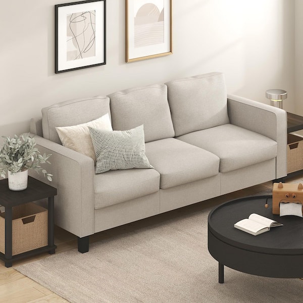 Bayonne 75.39 in. Square Arm Leather Upholstered Rectangle Sofa in Beige