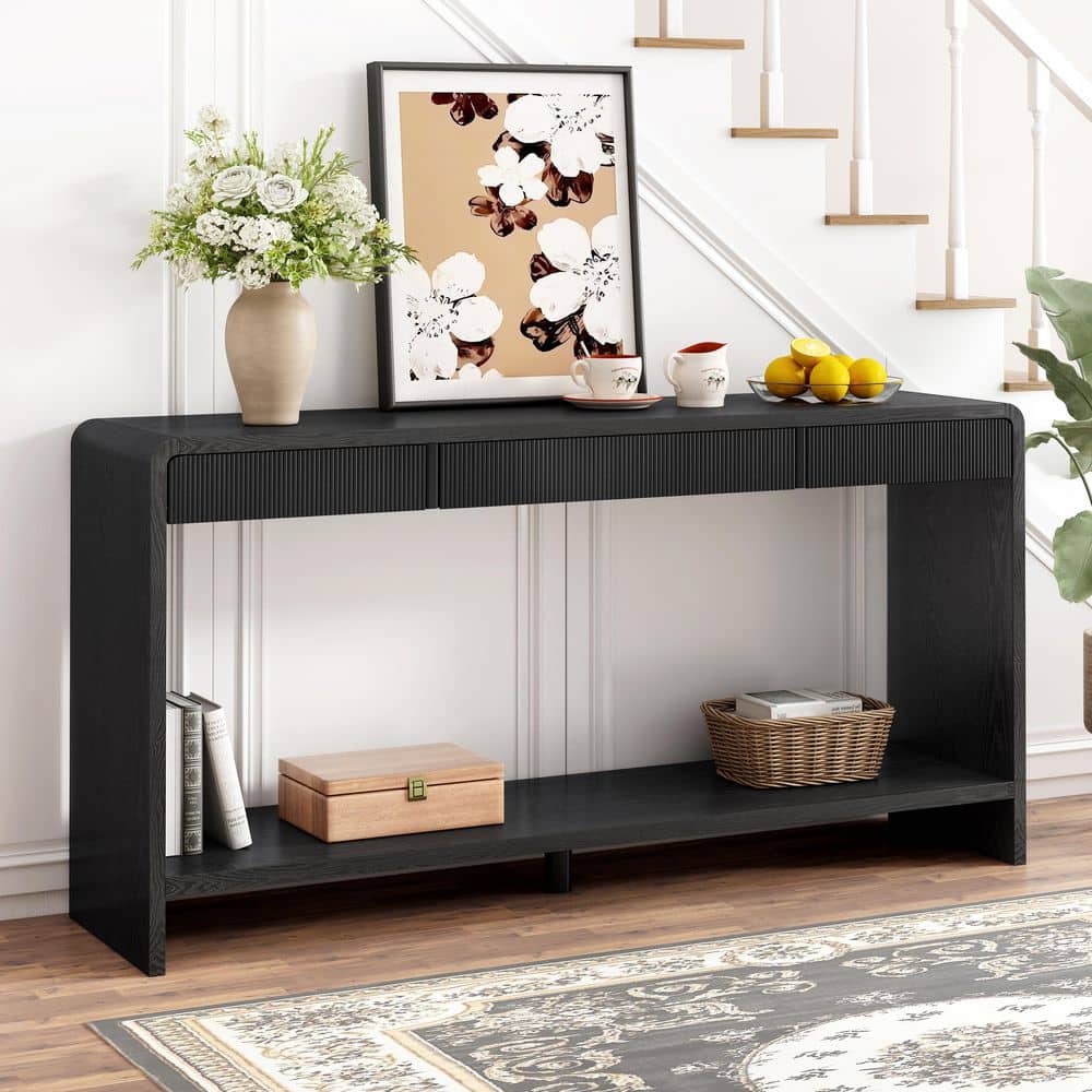 Harper & Bright Designs 59 in. Black 3-Drawer Rectangle Wood Console ...
