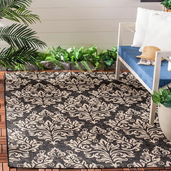 Courtyard Black/Cream 9 ft. x 12 ft. Floral Indoor/Outdoor Patio  Area Rug
